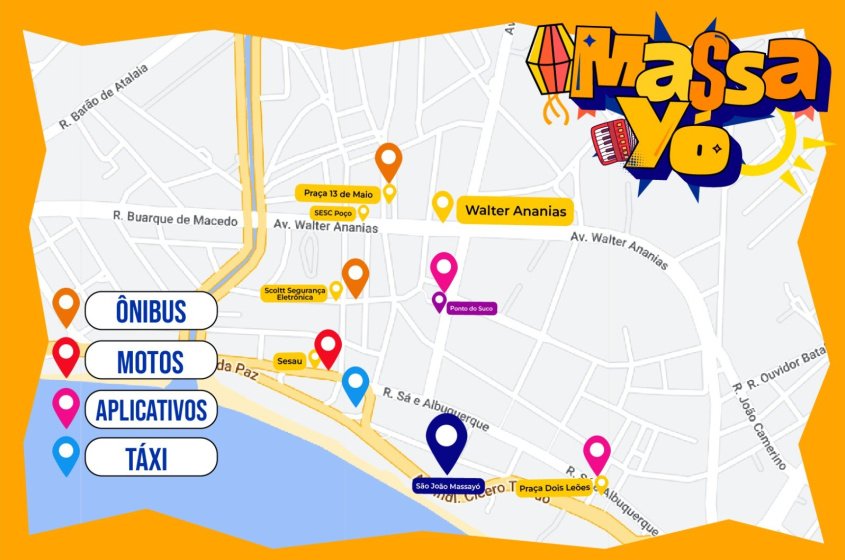 Mapa com os locais de embarque e desembarque de transportes coletivos para o polo Jaraguá