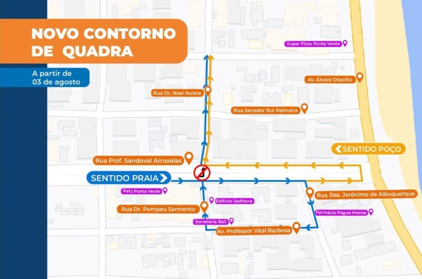 Mapa do novo contorno de quadra na Ponta Verde