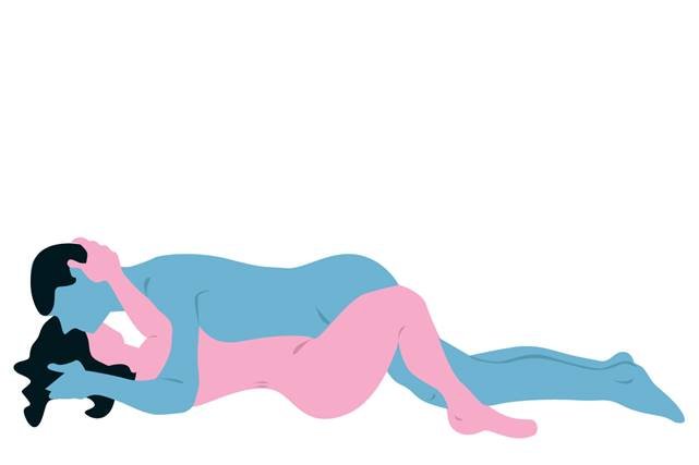 Ilustração de posição sexual com um homem azul e mulher cor de rosa em fundo branco - Metrópoles