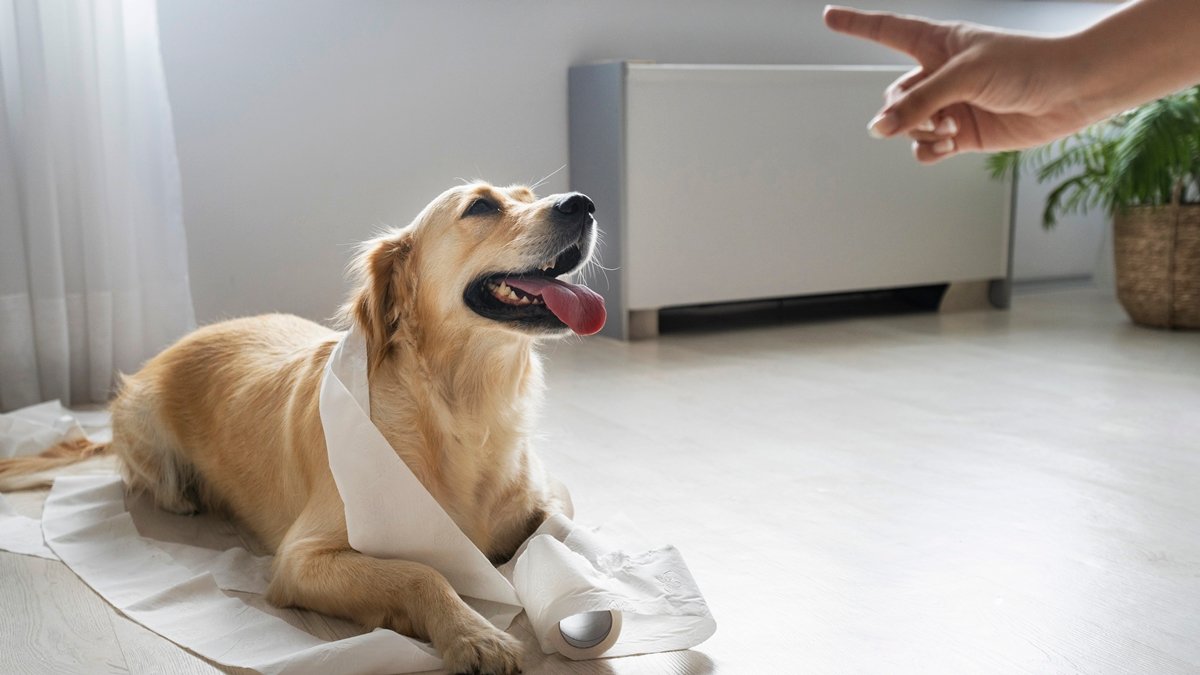Foto colorida de tutor brigando com cão enrolado em papel higiênico