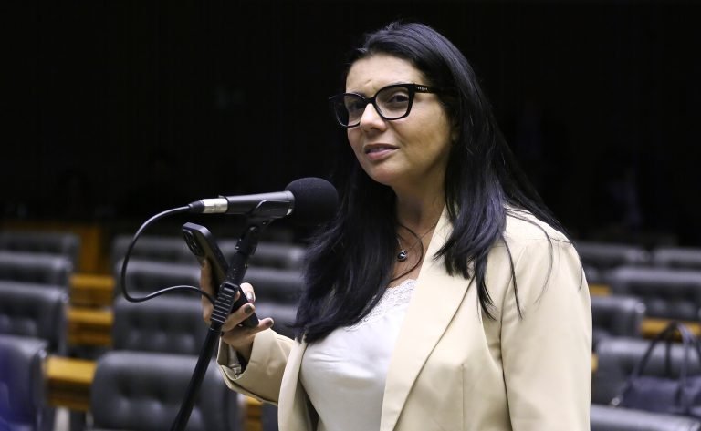 Deputada Delegada Ione está sentada à mesa