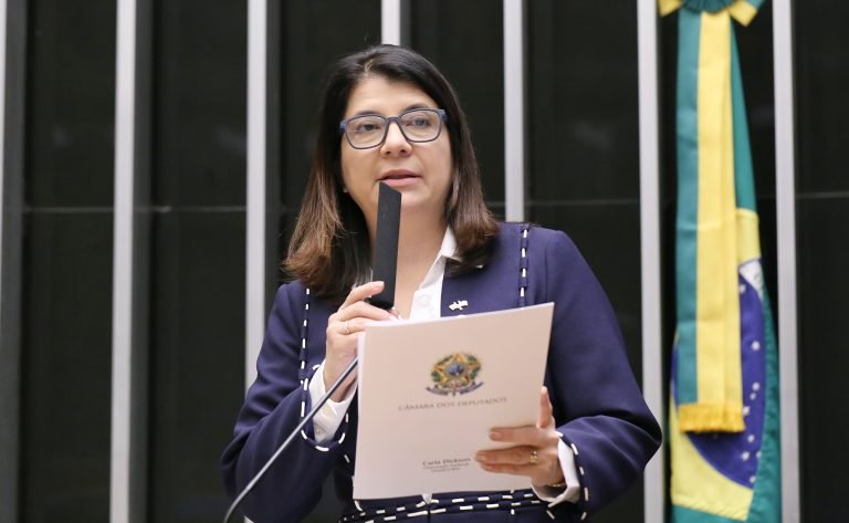 Deputada Carla Dickson fala a microfone