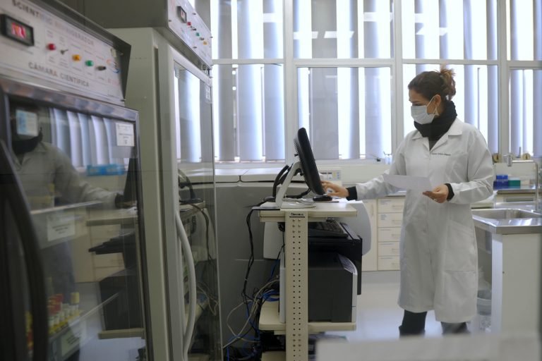 Pesquisadora analisando dados em laboratório